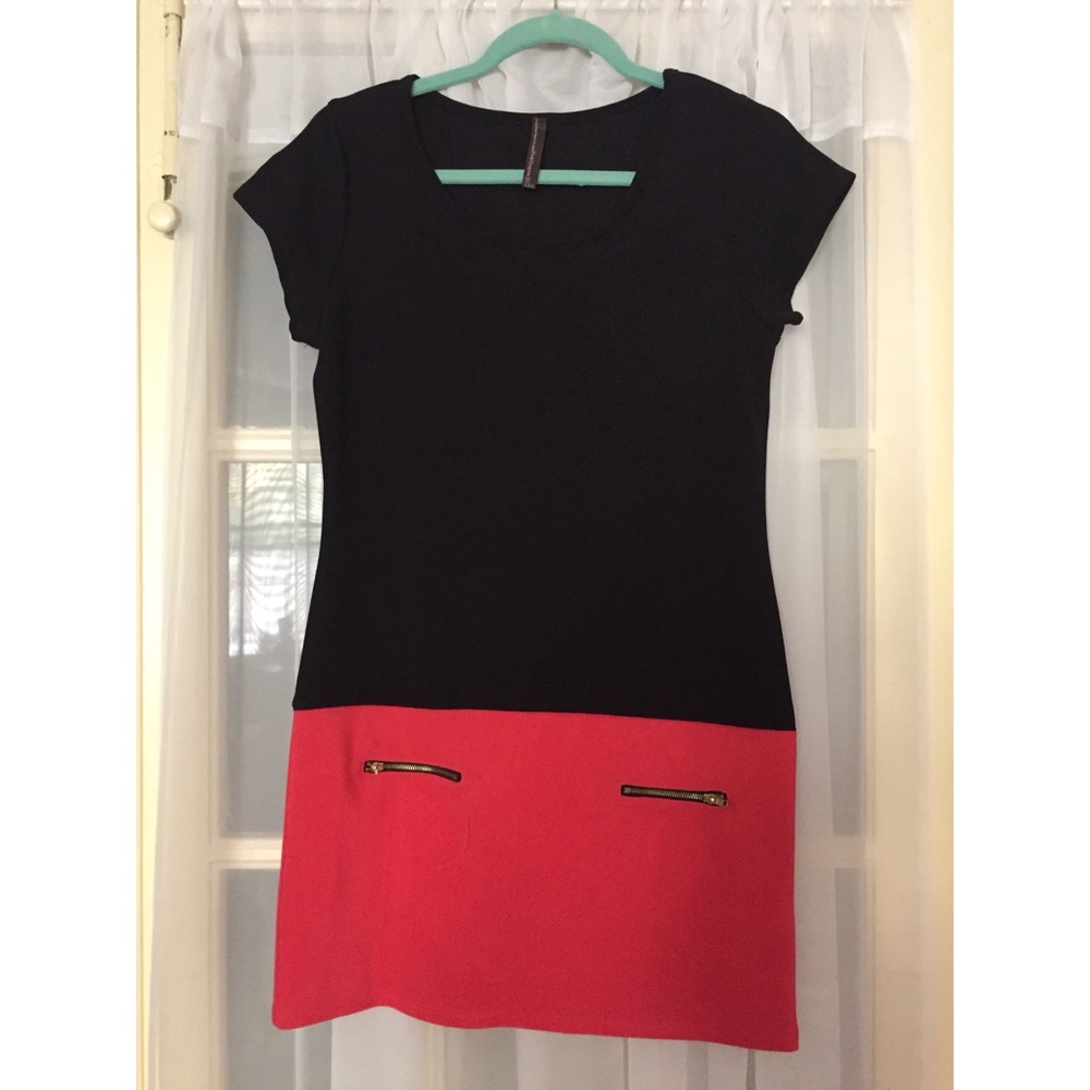 Coral & black color block dress with zippers